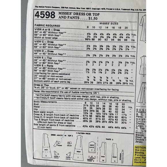 70s McCalls 4598 Sewing Pattern Size 16 Misses Dress Top Pants Vintage 1975 CUT - Picture 4 of 6